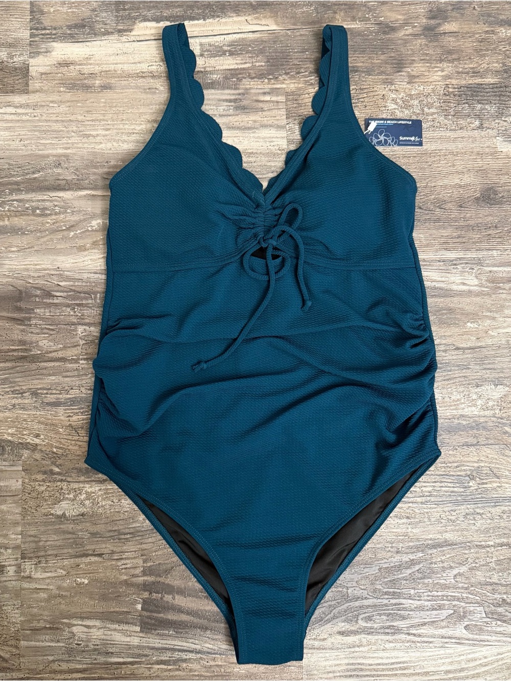 Summer Mae Teal Maternity One-Piece Swimsuit Scalloped Lace-Up Front Size 8